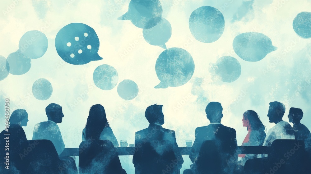 Aufkleber a group of people in a meeting room, engaged in a discussion with speech bubbles and comment icons f