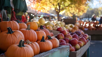10 Diverse produce bustling outdoor market selling seasonal produce apples squash pumpkins vendors warm fall clothing