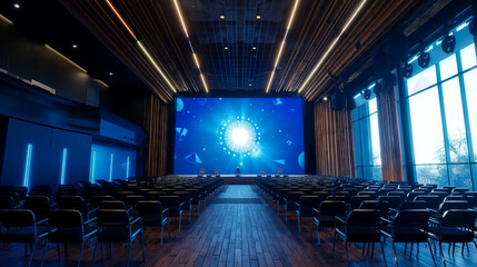 Naklejka premium A large auditorium with rows of chairs and a projector screen