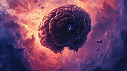 the brain with eyes is hanging in the air