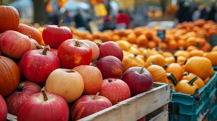 41 Bustling outdoor market selling seasonal produce apples squash pumpkins vendors warm fall clothing