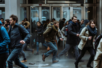 Obraz premium A group of people running down a city street