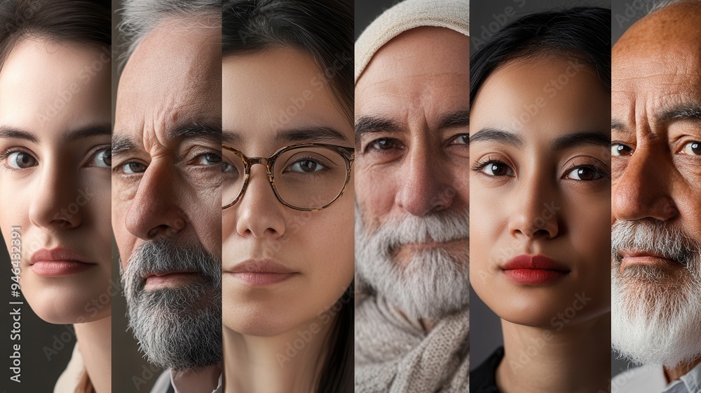 Poster Six individuals of different ages and backgrounds present unique expressions, highlighting diversity and connection in a close-up arrangement. Generative AI