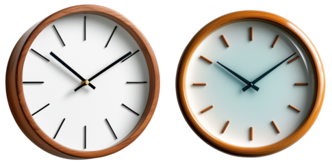 Timeless Elegance: Minimalist Wall Clocks in Natural Wood Tones, isolated on transparent background. 