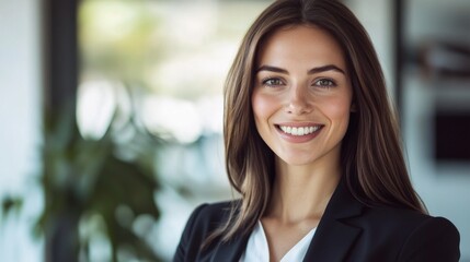 Fototapeta premium A high-resolution image of a businesswoman smiling confidently at the camera, with clear skin and a polished business attire, in a well-lit office environment.