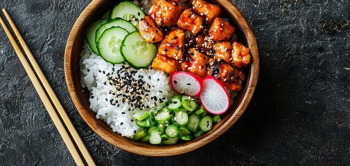 Teriyaki Chicken Poke Bowl Overhead View of a Vibrant and Delicious AsianInspired Dish in a Rustic Wooden Bowl with Chopsticks