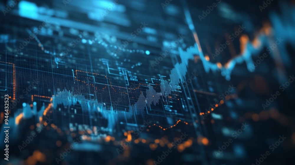 Poster A high-resolution image of a financial graph with multiple lines and bars, overlaid on a stock market background, showcasing complex data visualization.