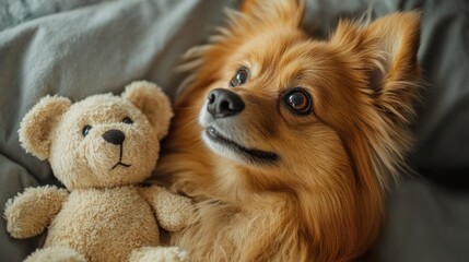 A high-resolution shot of a fluffy dog with a teddy bear toy, looking up with a sweet, curious gaze and its fur looking extra soft and cuddly.
