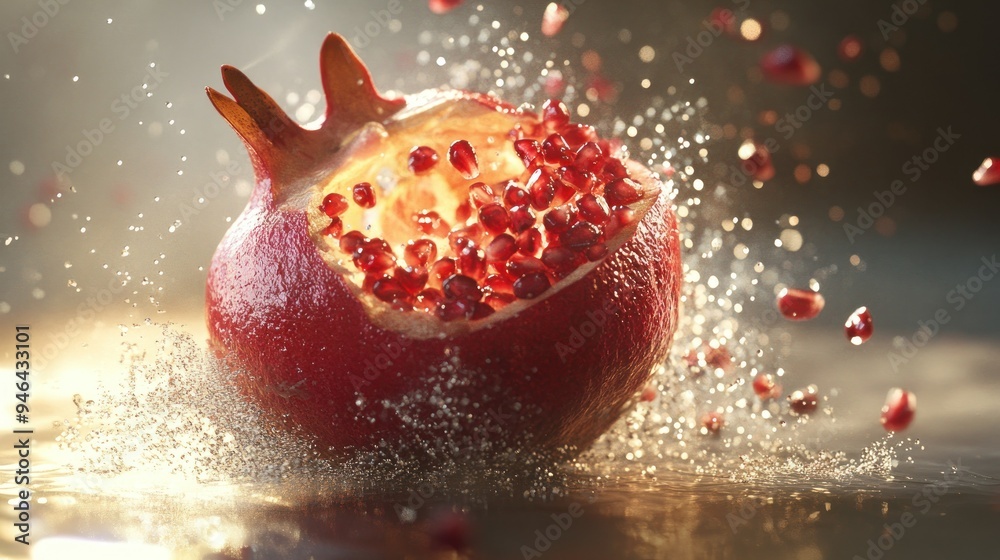 Poster open pomegranate with seeds splashing into water