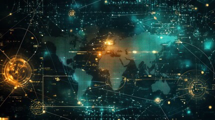 World Map with Abstract Network Lines and Glowing Circles