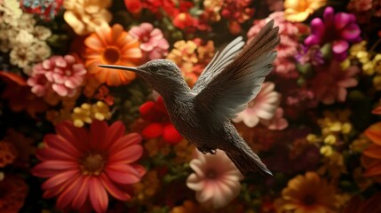 Fototapeta premium A Hummingbird in Flight Amidst a Field of Colorful Flowers