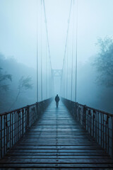 Obraz premium Solitary Figure on a Bridge Vanishing into the Mist. A Bridge to Nowhere a bridge disappearing into the mist. A barely noticeable silhouette of a person stands on the bridge. generative AI