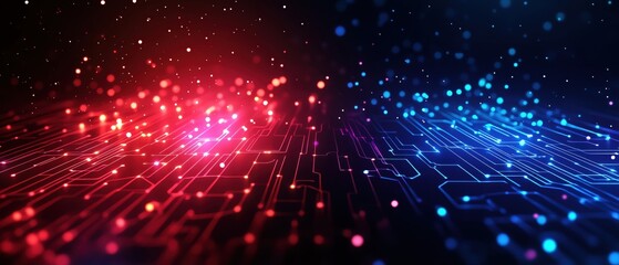 Obraz premium Abstract digital background with vibrant red and blue lights, representing technology and data flow in a captivating design.