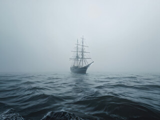 Fototapeta premium A Lonely Voyage: A Ship Vanishing into the Mist. A Lonely Ship at sea, surrounded by fog, with barely visible sails fading into the endless gray. generative AI