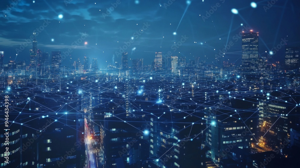 Poster a high-tech cityscape with visible wireless signals and network connections overlaid, illustrating t