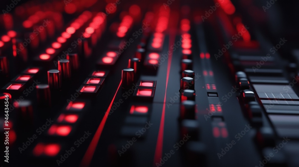 Poster Close-up of a Soundboard with Red Lighted Buttons