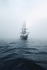 Lost in the Fog: A Solitary Ship at Sea. A Lonely Ship at sea, surrounded by fog, with barely visible sails fading into the endless gray
. generative AI
