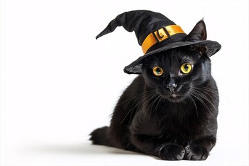 Black Cat in Witch Hat on White Background