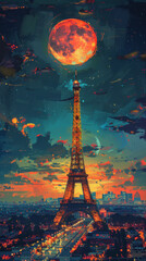 an oil painting by the artist at the eiffel tower, in the style of crisp neo-pop illustrations