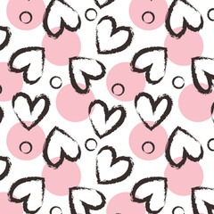 Doodle hearts seamless pattern. Black and red. Love valentine's day background .Brush illustrator.