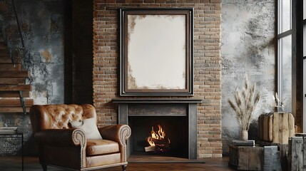 Rustic farmhouse style living room interior with a distressed metal frame mockup brick fireplace leather armchair and worn industrial rustic textures creating a moody and cozy ambiance
