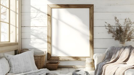 Rustic Farmhouse Style Living Space with Wooden Frame Mockup Natural Light Whitewashed Wood Paneling and Vintage Accents for a Cozy Inviting Atmosphere