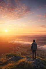 Fototapeta premium Disappearing into the Mist: A Haunting Silhouette. A person on a hilltop, watching a sunset disappearing into the mist. generative AI