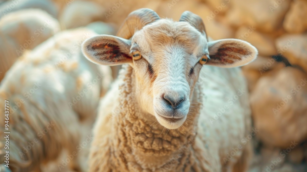 Poster a sheep with horns is looking at the camera