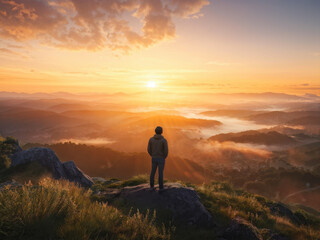 Peaceful Solitude: A Moment of Reflection at Sunset. A person on a hilltop, watching a sunset disappearing into the mist. generative AI