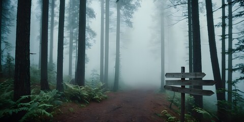 A weathered wooden signpost stands in a misty forest, surrounded by dense fog and tall trees, creating a mysterious atmosphere.