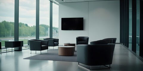 A modern business hall with large windows, sleek furniture, and a minimalistic design, ideal for a waiting area in a corporate setting.