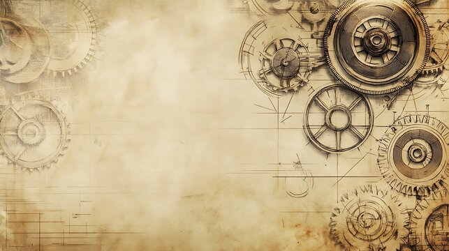 A worn, aged parchment with an intricate drawing of gears and machinery.