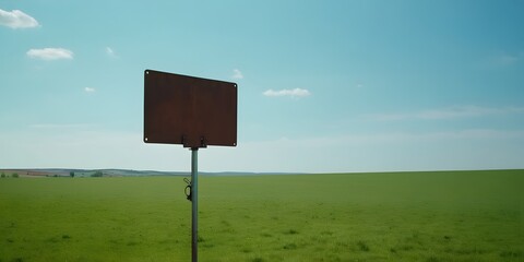 A rusty metal plate mounted on a pole stands alone in a vast, empty green field under a clear blue sky.