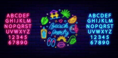 Beach party neon invitation. Summer dance event. Circle layout with season icons. Vector stock illustration