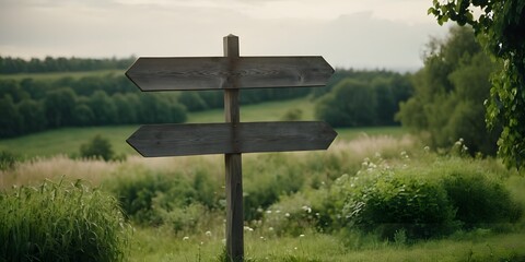 A large round wooden signpost stands in a lush field, surrounded by greenery and open space, with an empty area for text.