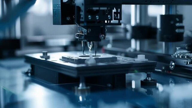 Surface mount technology machine is placing electronic components on a printed circuit board at high speed. The image highlights the concept of innovative production