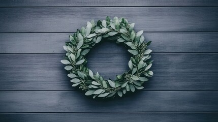 A beautifully arranged eucalyptus wreath featuring fairy lights sits atop a dark wooden background, perfect for adding a festive touch to holiday decor during winter celebrations