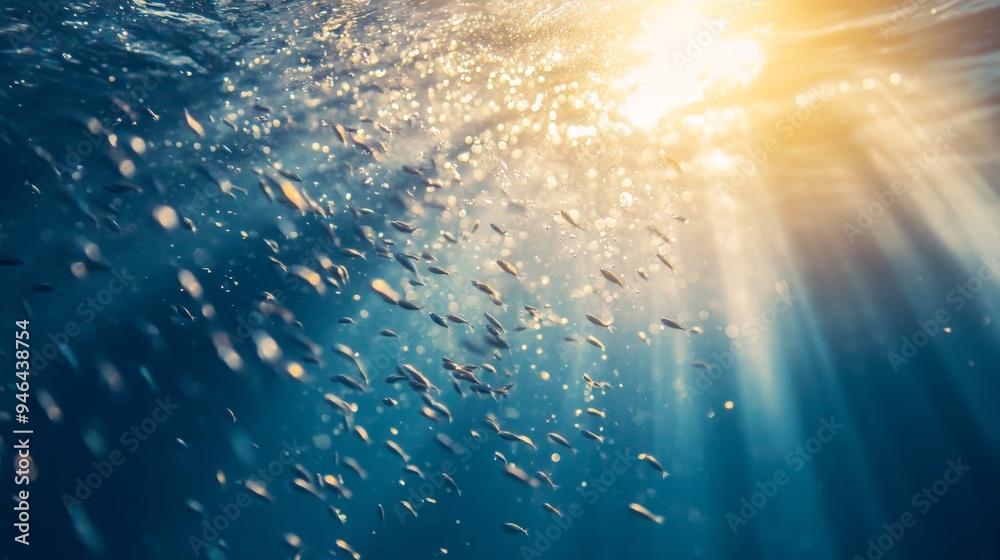 Aufkleber A macro view of a swarm of tiny fish near the ocean surface, with sunlight filtering through the water, creating a mesmerizing underwater scene.