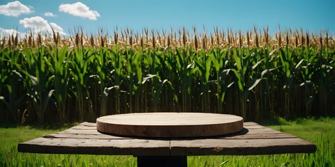 A wooden plate banner on a soil podium is surrounded by lush green grass and tall ears of corn, set against a bright blue sky.