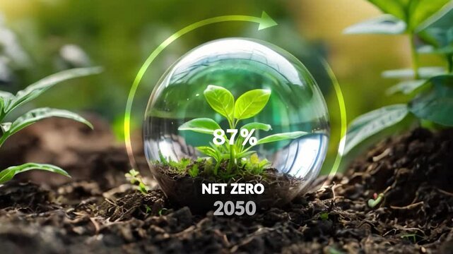 Net zero and carbon neutral concept.Globe Glass with Net zero icons In Green Forest With Sunlight. net zero greenhouse gas emissions target Climate neutral long term strategy on a green background.