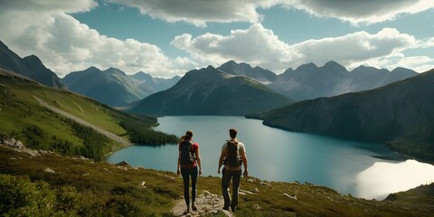 A couple hiking through a picturesque mountain landscape, enjoying the scenic view of a lake and valleys surrounded by majestic peaks under a partly cloudy sky.
