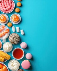 Colorful assortment of sweets and desserts on a bright blue background, perfect for food lovers and culinary enthusiasts.