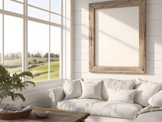 Fototapeta premium Rustic Wooden Frame Mockup Displayed on Shiplap Wall in Bright Airy Farmhouse Living Room with Neutral Palette and Large Windows Overlooking Pastoral Scene