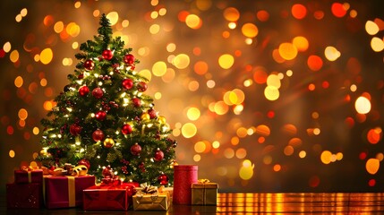 Christmas tree with a golden background and sparkling stars