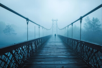 Obraz premium Solitary Figure on a Bridge Vanishing into the Mist. A Bridge to Nowhere a bridge disappearing into the mist. A barely noticeable silhouette of a person stands on the bridge. generative AI