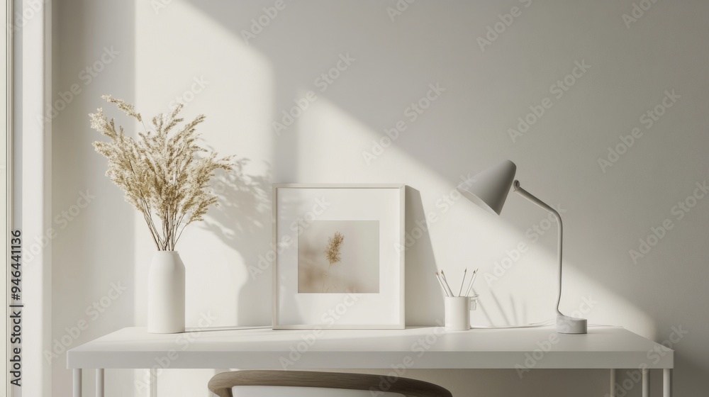 Aufkleber A minimalist desk setup with a clean white surface, a modern desk lamp, and a single framed photo, arranged to highlight the simplicity and functionality