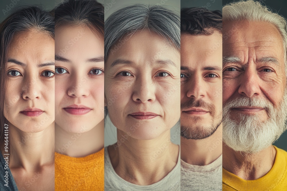 Aufkleber five individuals of different ages and ethnic backgrounds showcase a variety of facial expressions i