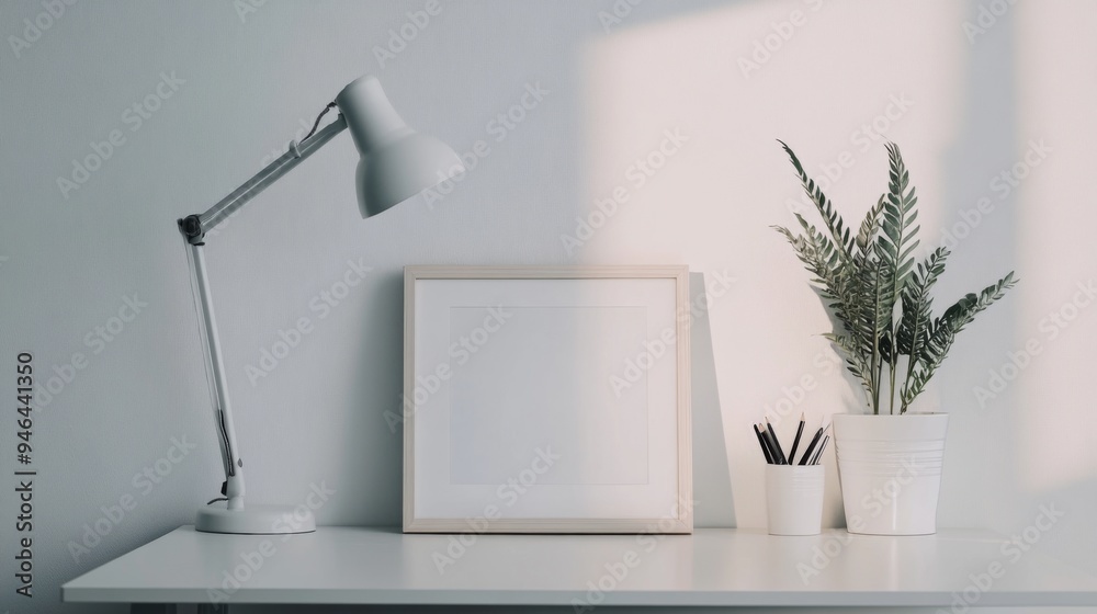Poster A minimalist desk setup with a clean white surface, a modern desk lamp, and a single framed photo, arranged to highlight the simplicity and functionality