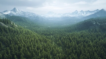 Fototapeta premium Aerial shot of a mountain forest, with snow-capped peaks in the distance and dense trees covering the slopes