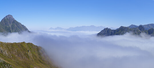 Sea of clouds in the Pyrenees. Clouds from the pass of Petrechema, Route des Golondrines, Lescun, France.